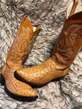 Men's Tan Ostrich & Leather Western Cowboy Boots Sz 8.5 D